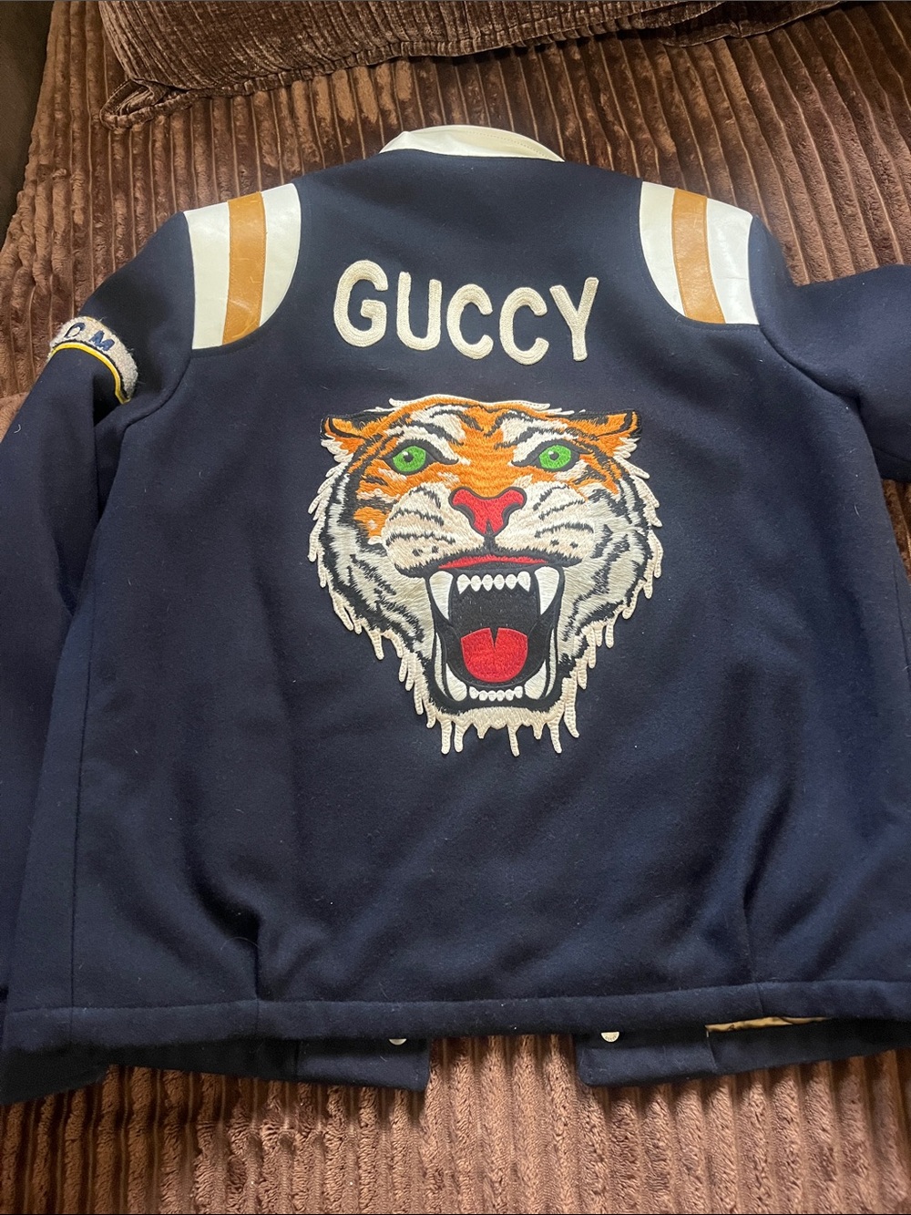 Gucci Navy Tiger Appliqué Wool Varsity Jacket with Cream & Tan Accents